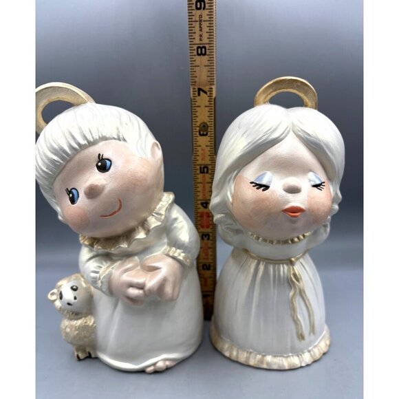 Vtg 1982 2 Pc Ceramic Kissing Angel Figurines Set Lamb Hand Painted Girl Boy - Picture 7 of 7